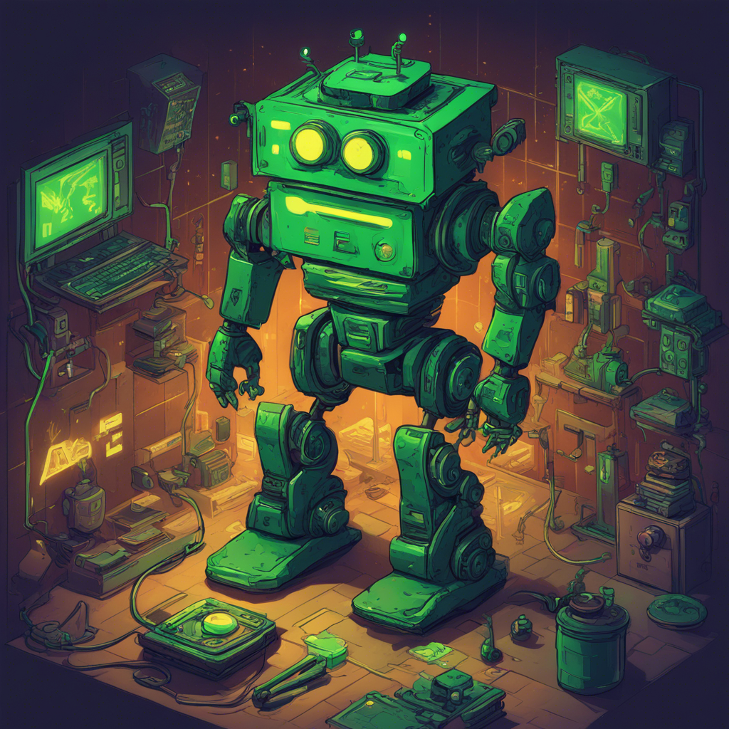 funy, robot, transformation, green matrics simbol, 2D, magick power, hacker robot
