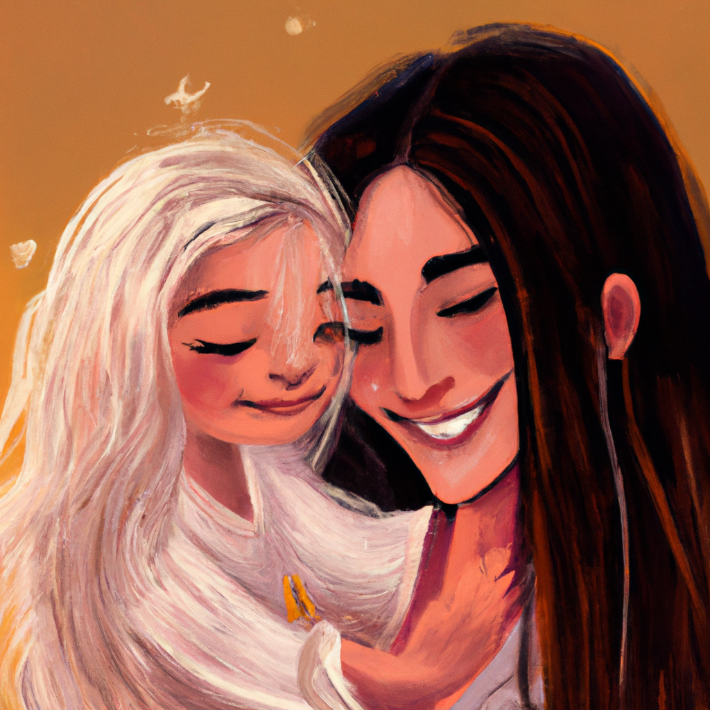 very detailed mother with long hair holds her 5 year old daughter in her arms. they hug and smile. mother has long white hair