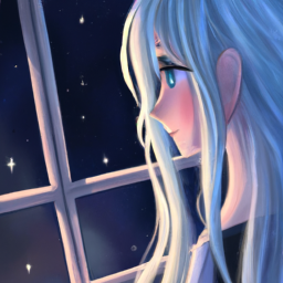 very detailed anime girl with long white hair looking out the window at the night and the stars