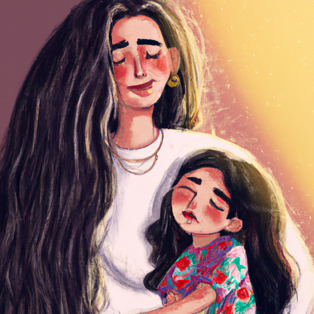very detailed mother with long hair holds her 5 year old daughter in her arms. they hug and smile. mother has long white hair