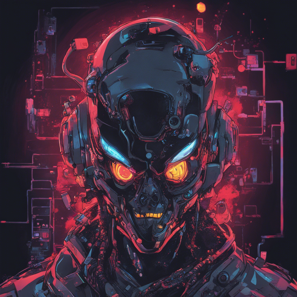 evile character, super maind, robot, 2D picture, human assassin, hacker,cyber demon, black het, aggressive traits