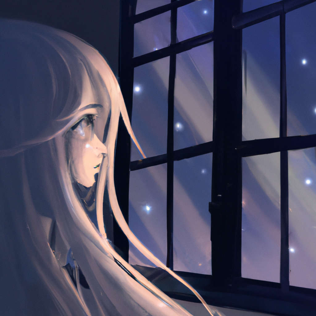 very detailed anime girl with long white hair looking out the window at the night and the stars