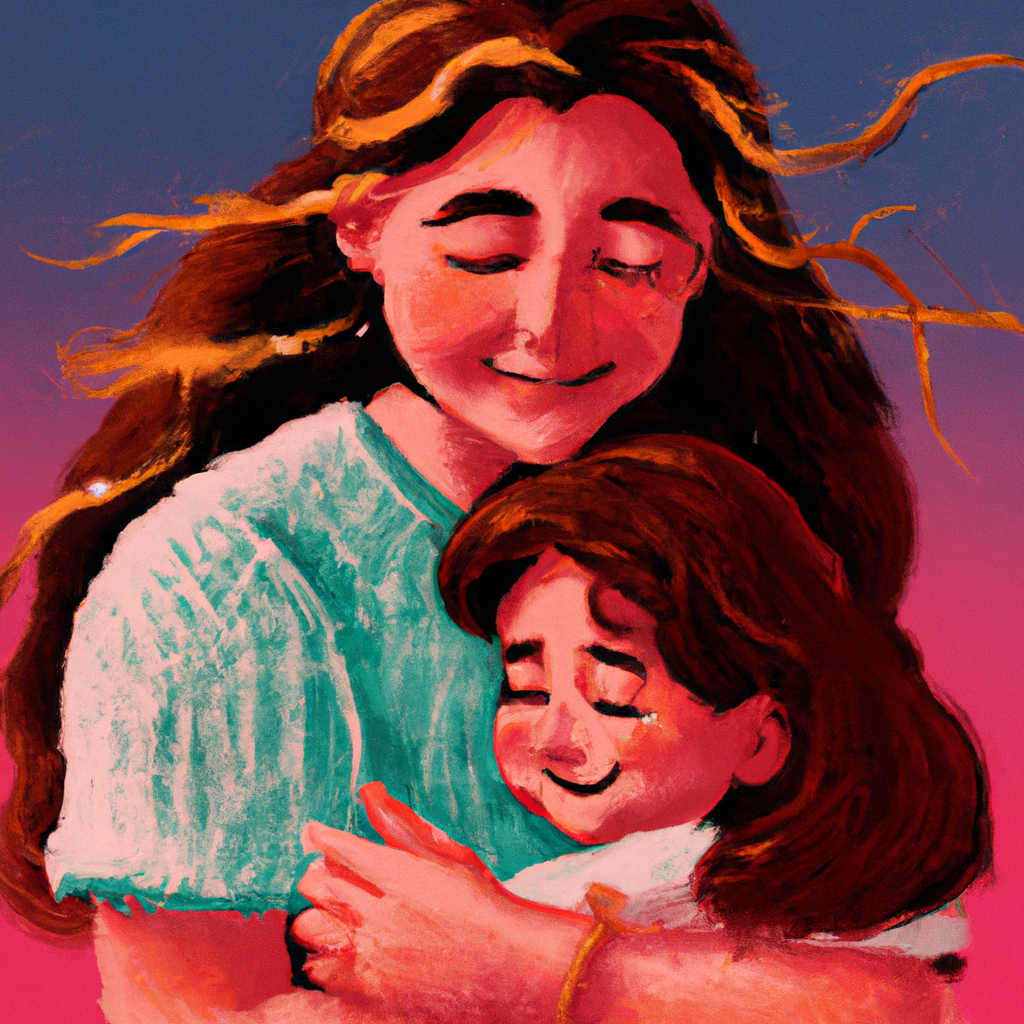 very detailed mother with long hair holds her 5 year old daughter in her arms. they hug and smile.