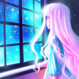 anime girl with long white hair looking out the window at the night and the stars